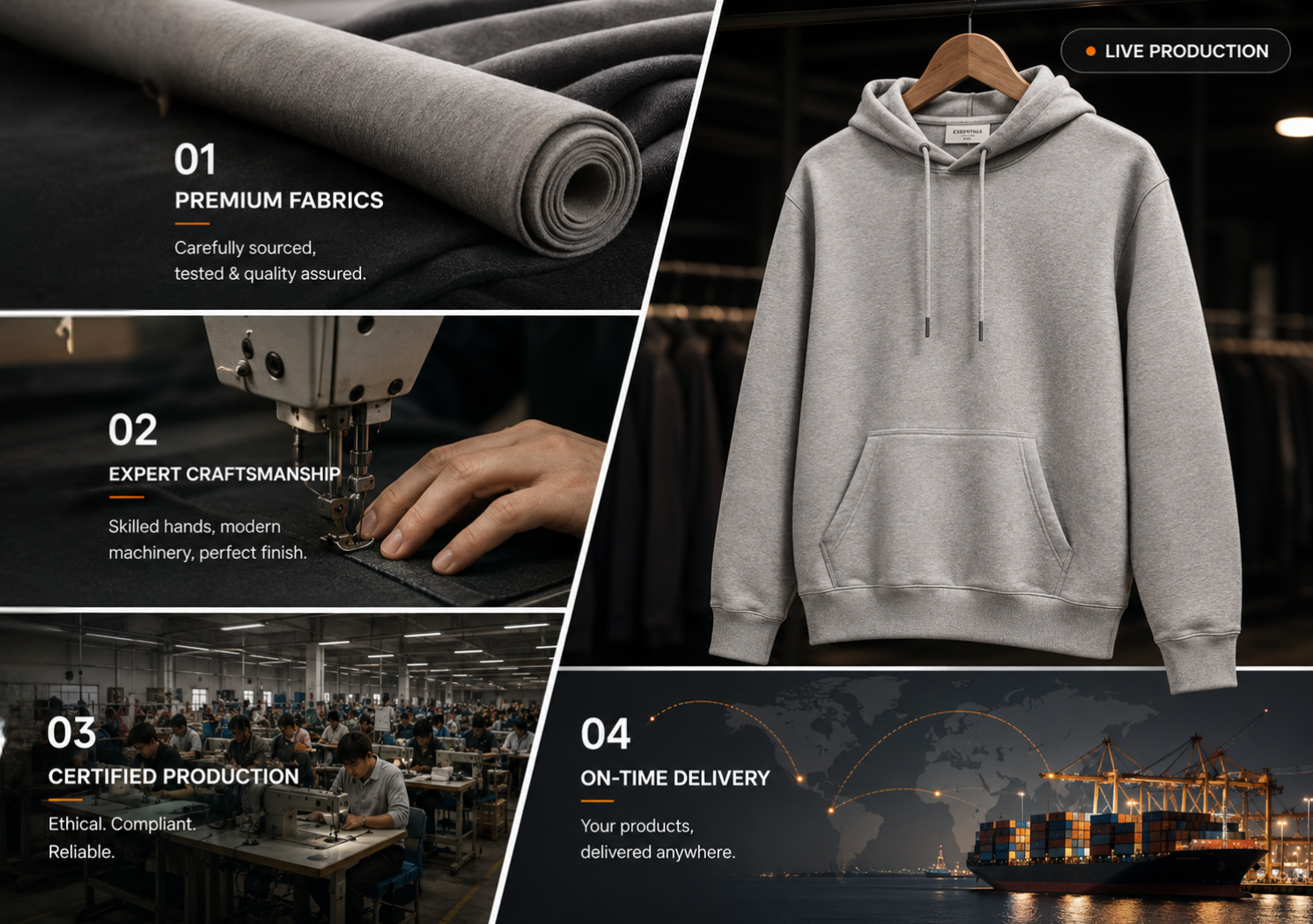 Premium fabrics, expert craftsmanship, certified garment production, hoodie manufacturing and on-time global delivery